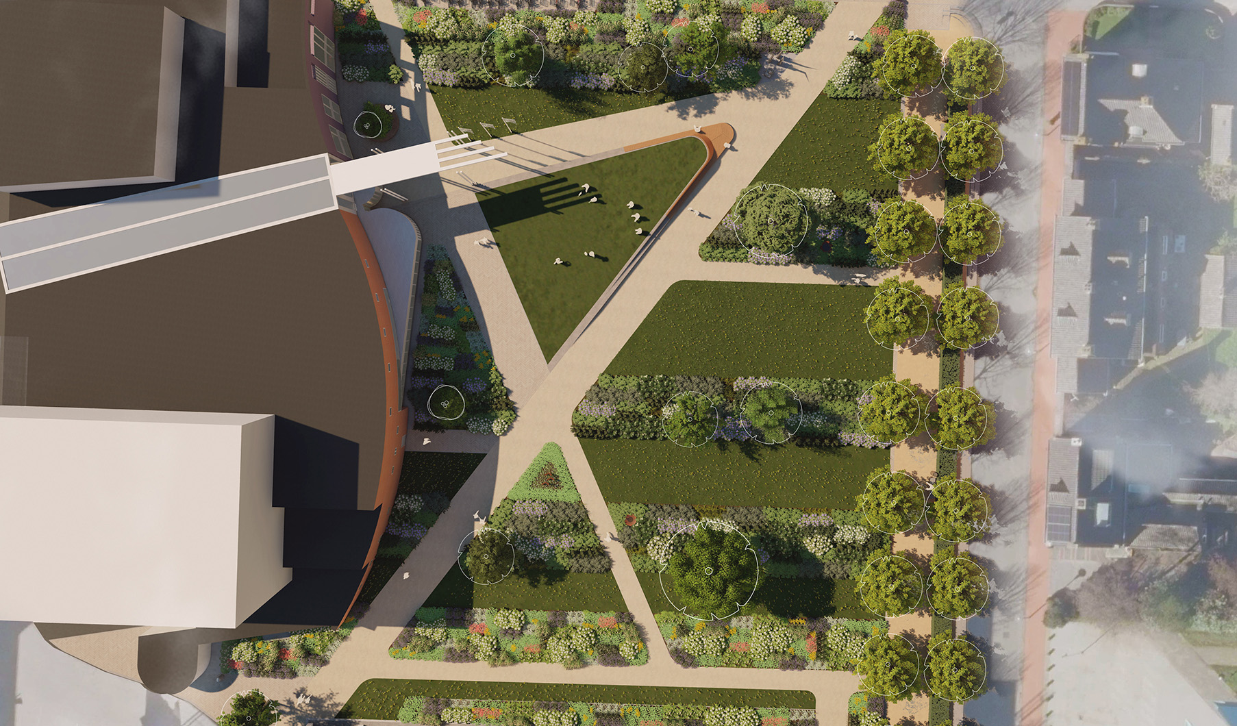 Ontwerpvisualisatie Vredesplein Waalwijk: het plein vergroend met gras, beplanting, diagonale paden en een bomenrij